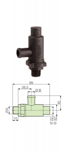 Клапан предохранительный 200-300 л/мин., 20 бар; вх.3/4; вых. ёлочка d=25 (зел.)